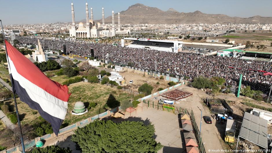 Aerial view of a pro-Houthi demonstration in Yemen following U.S. and UK airstrikes on Houthi targets