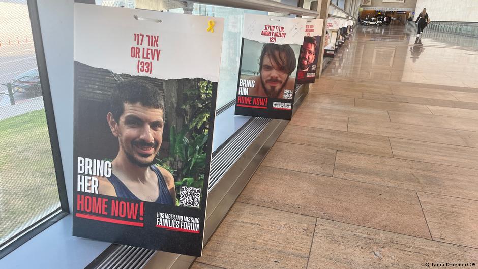 A picture of Or Levy hangs in Ben Gurion Airport, Israel's busiest airport, along with photos of other hostages