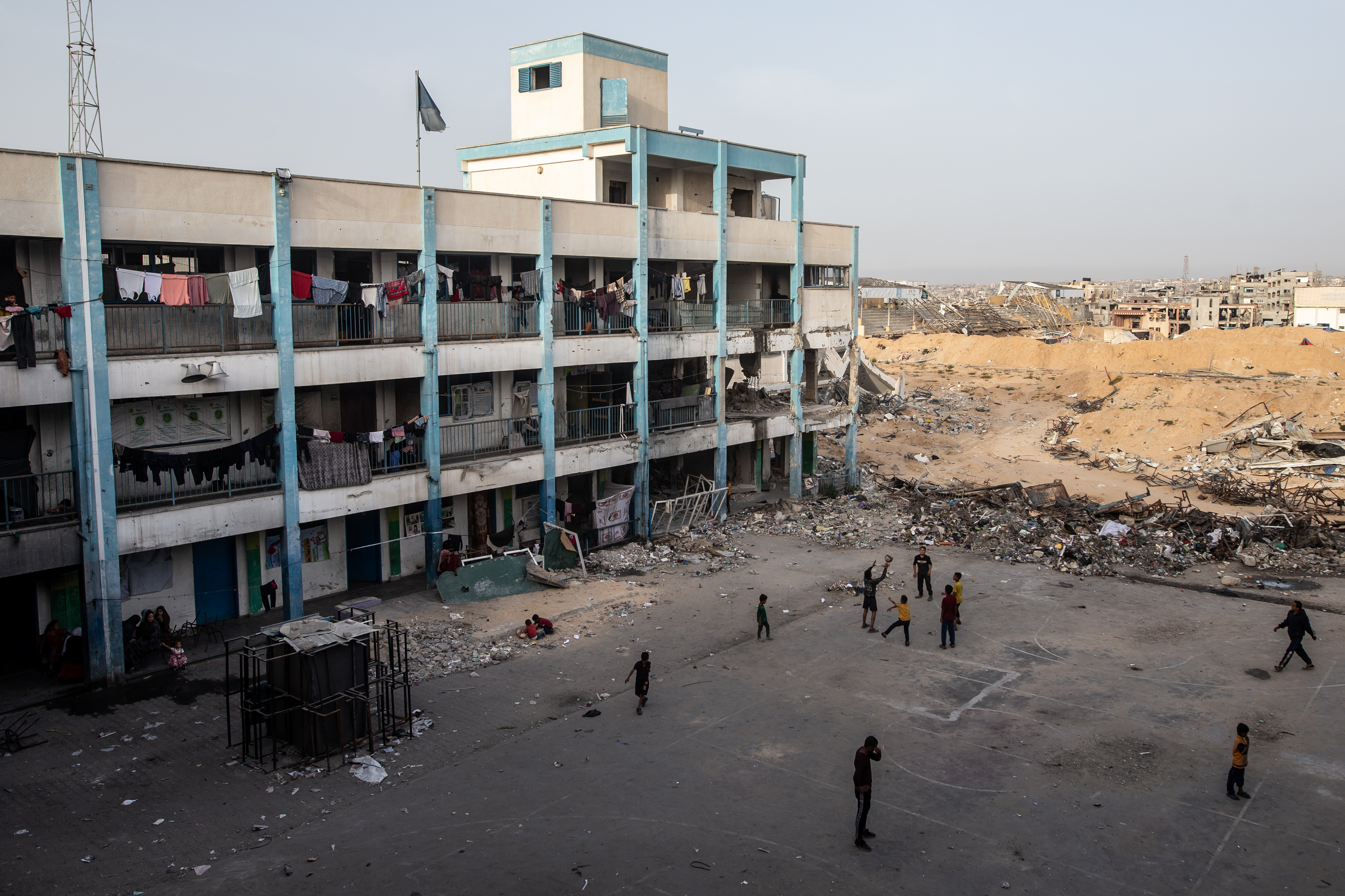 View of a destroyed school in Khan Yunis in the Gaza Strip.