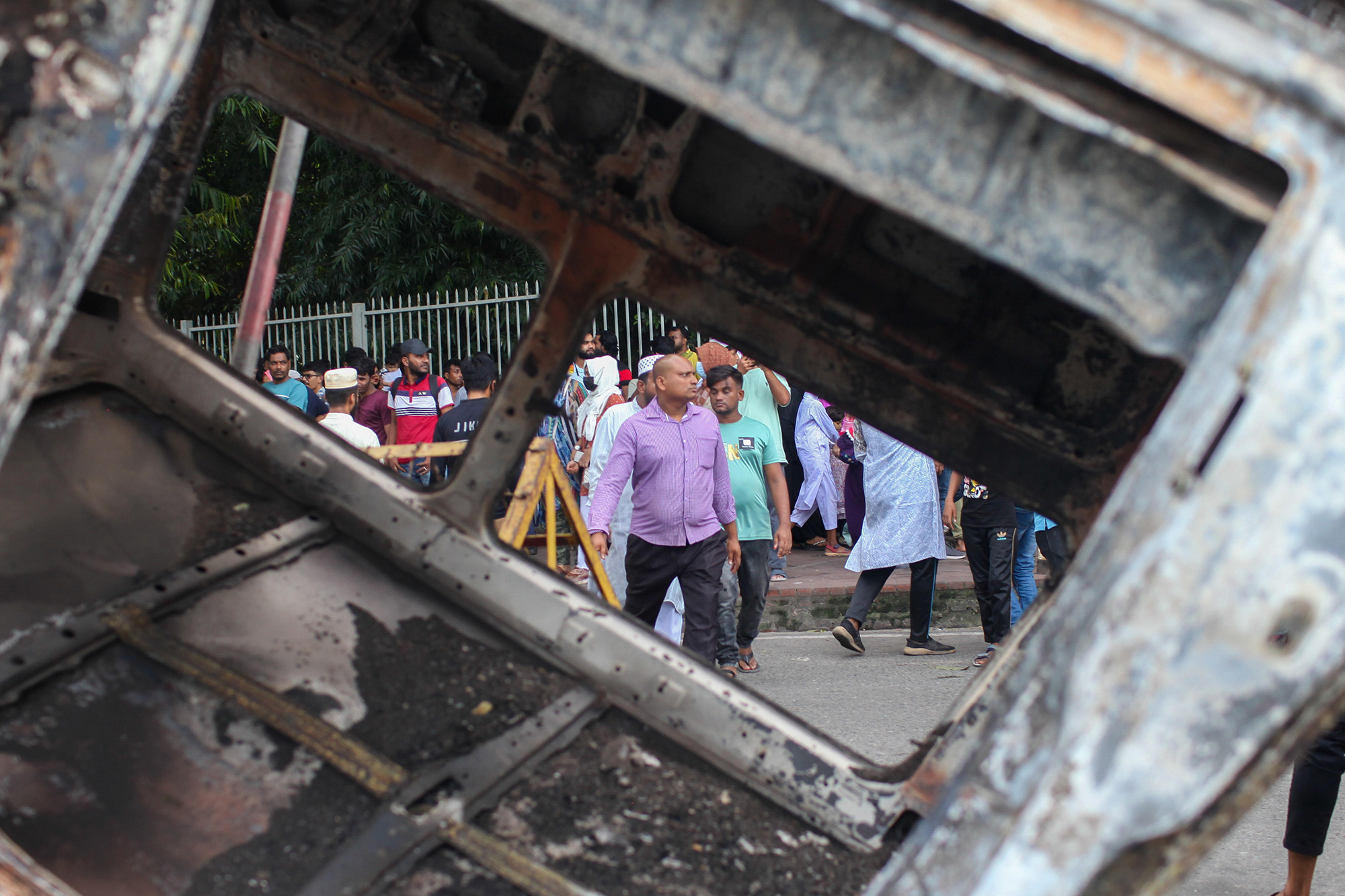 Burnt-out car during demonstrations in Bangladesh 2024