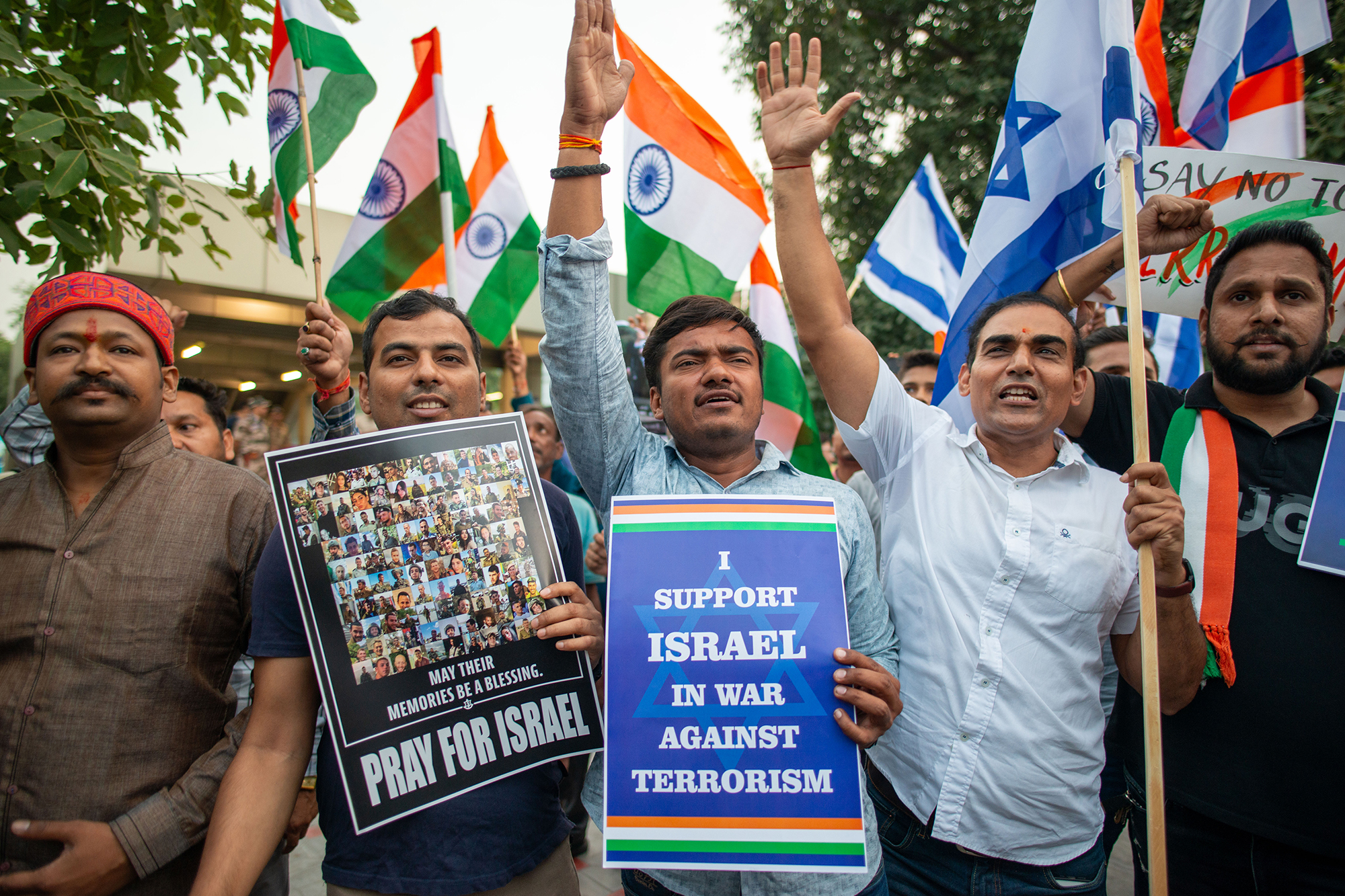 Anhänger der indischen Bharatiya Janata Party (BJP) auf einer Solidaritätskundgebung mit Israel in Neu-Delhi am 15. Oktober 2023