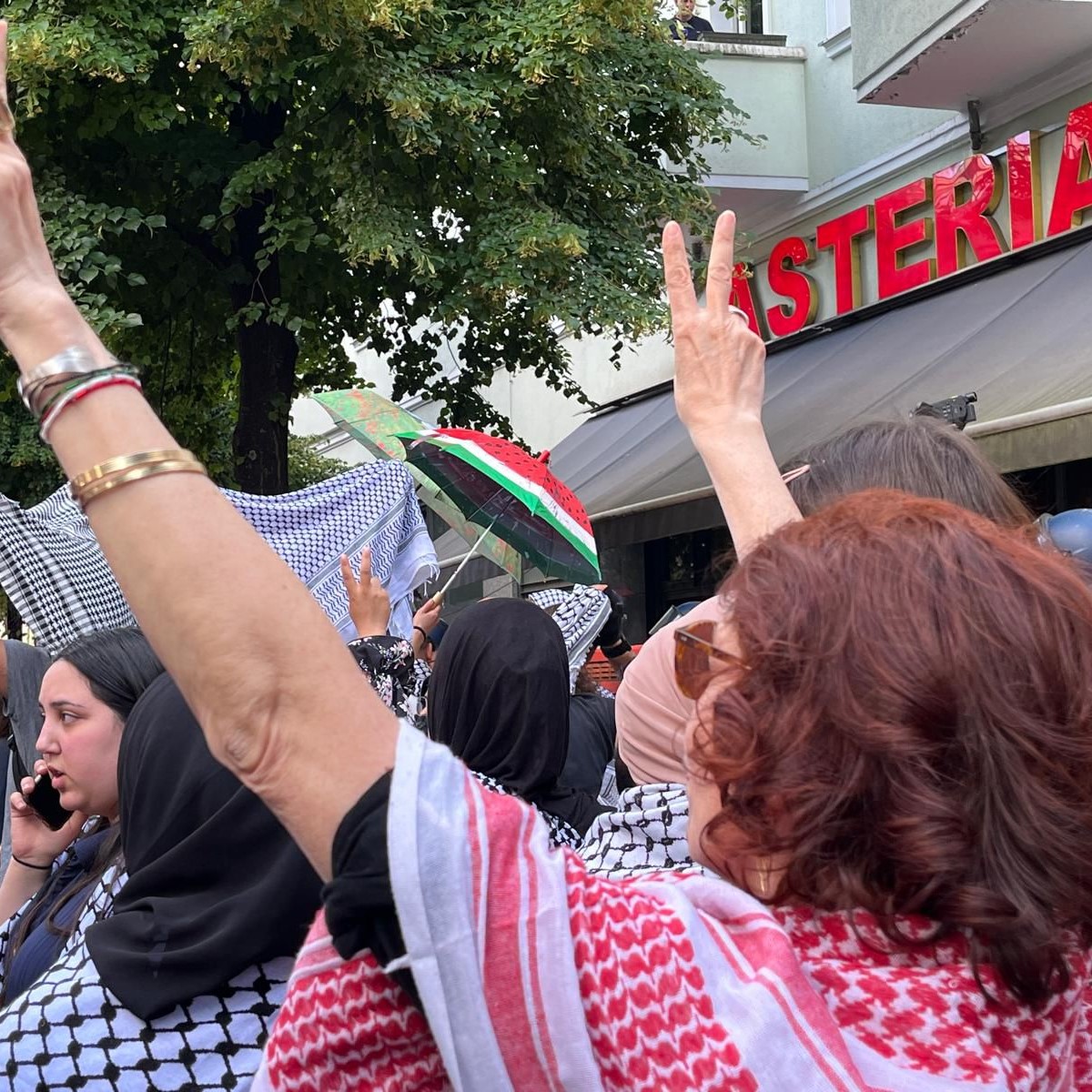 Crowd in keffiyehs protests for Palestinian rights