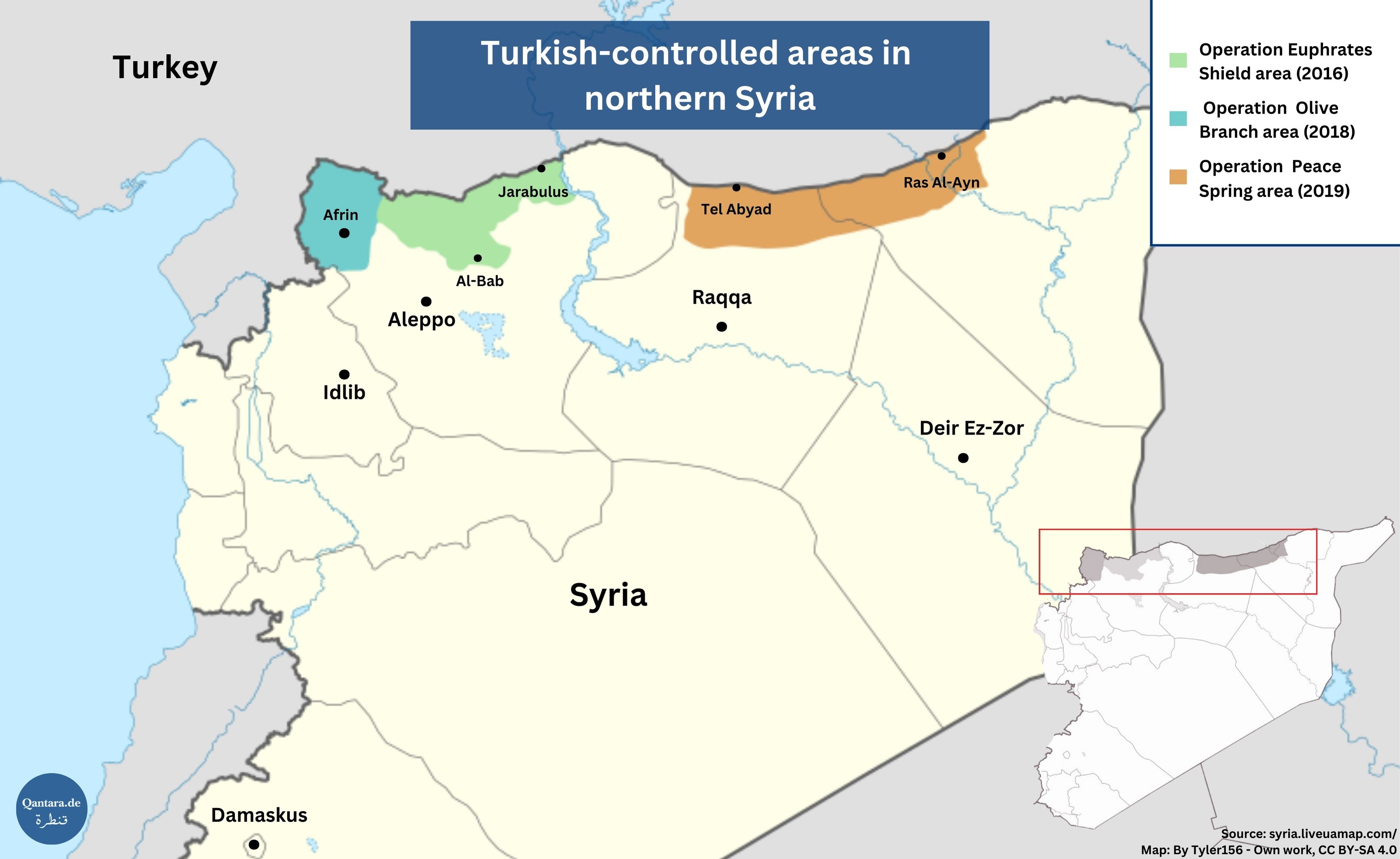 A map of northern Syria showing three areas under Turkish control. 