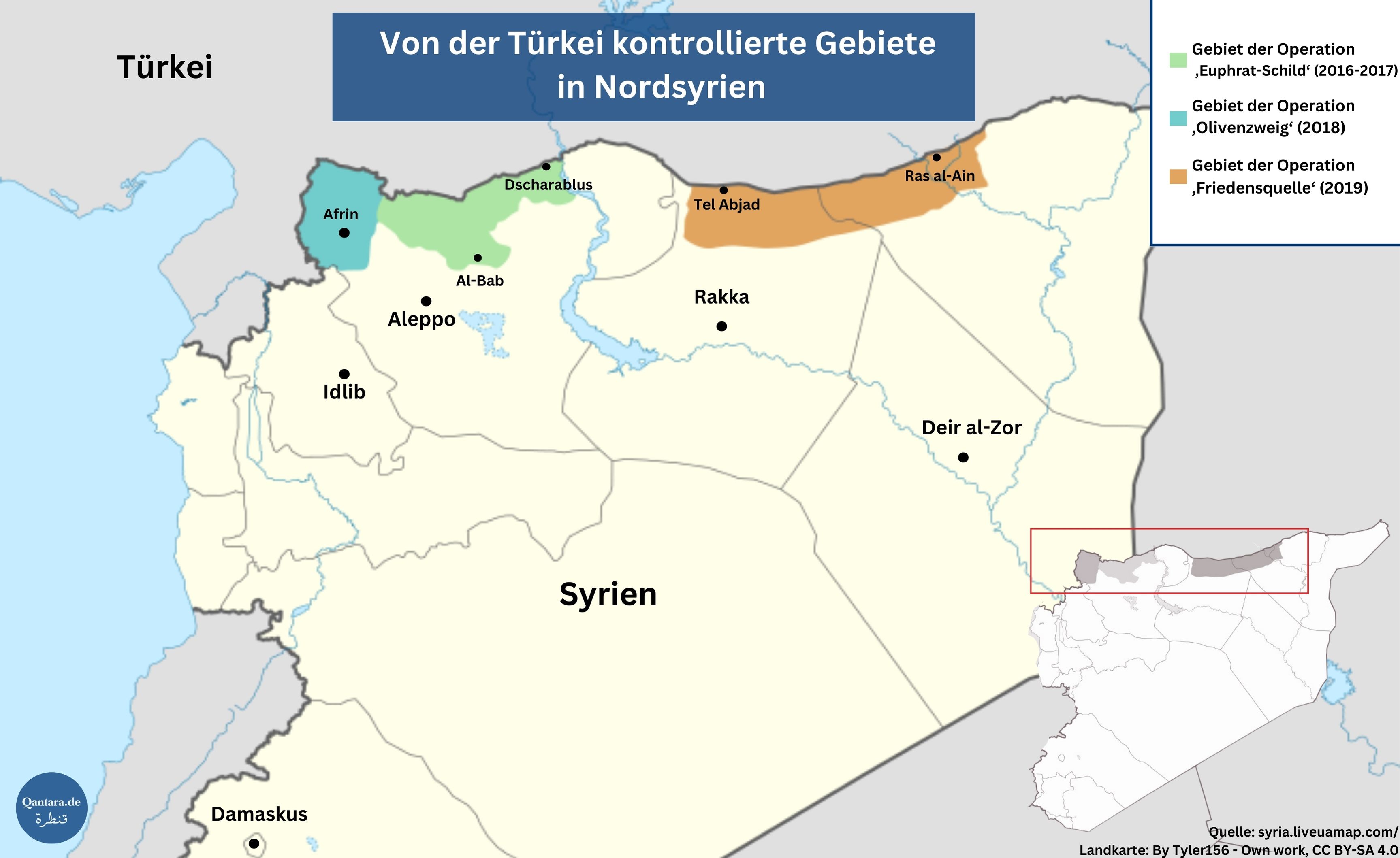 خريطة لشمال سوريا مع تحديد المناطق التي تسيطر عليها تركيا. المصدر: syria.liveuamap.com