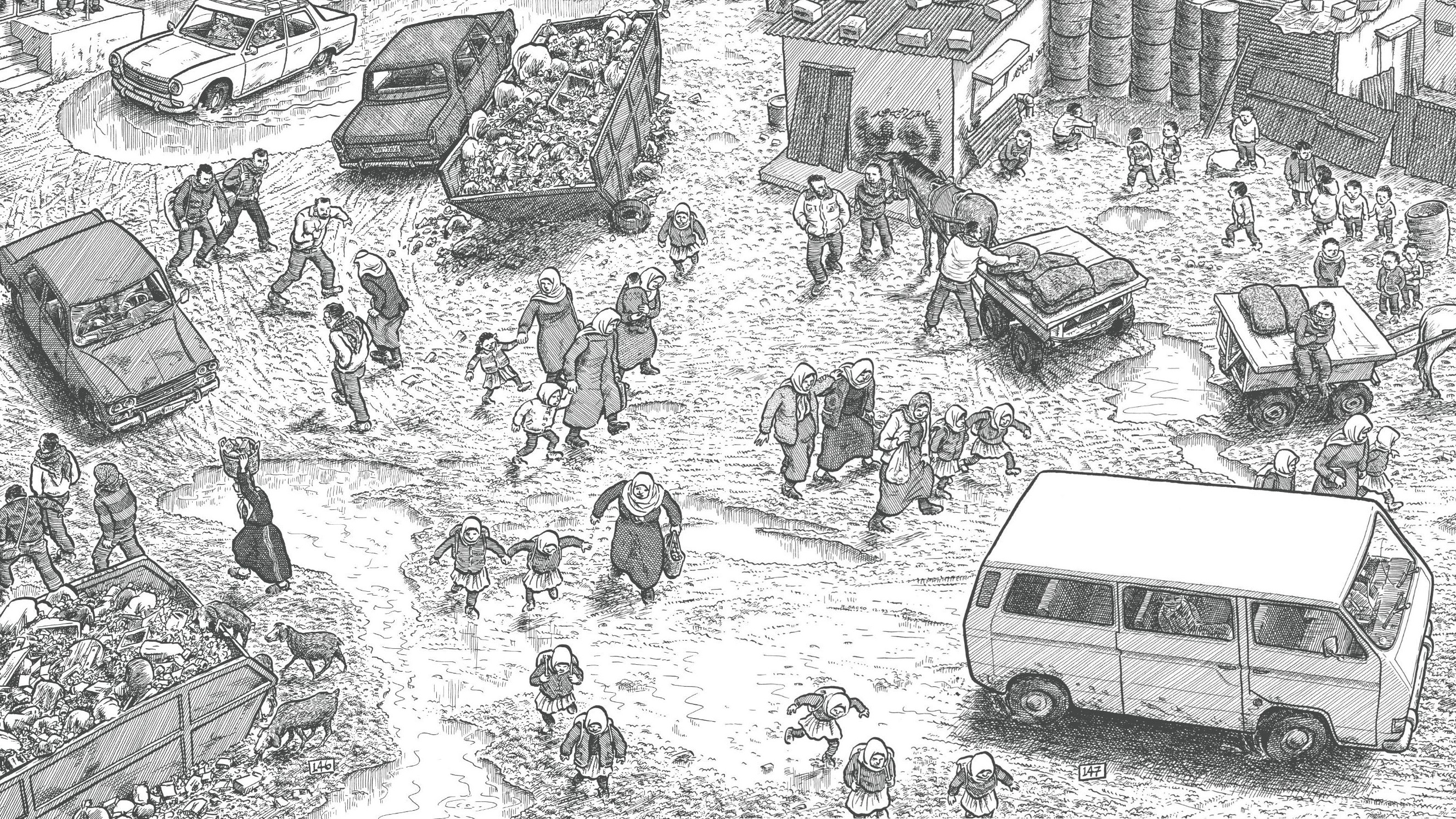 A double-page drawing from Joe Sacco's "Palestine", depicting a street scene.