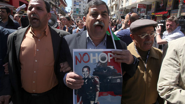 Palestinians demonstrate against Barack Obama's visit to Ramallah, West Bank, on 21 March 2013 (photo: Abbas Momani/AFP/Getty Images)