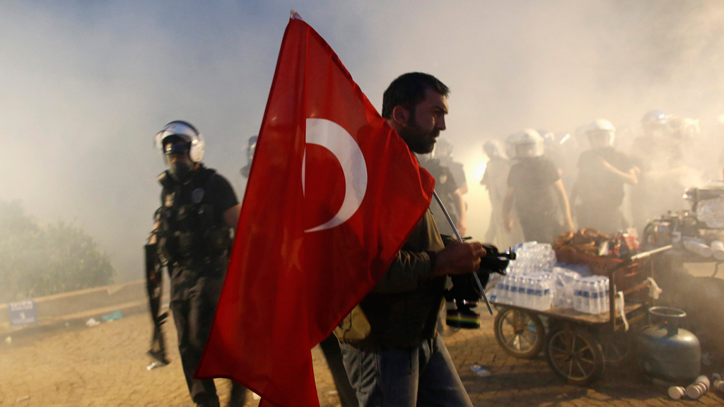 A protester holds a Turkish flag as riot police order them to evacuate Gezi Park in central Istanbul June 15, 2013 (photo: Murad Sezer/Reuters)