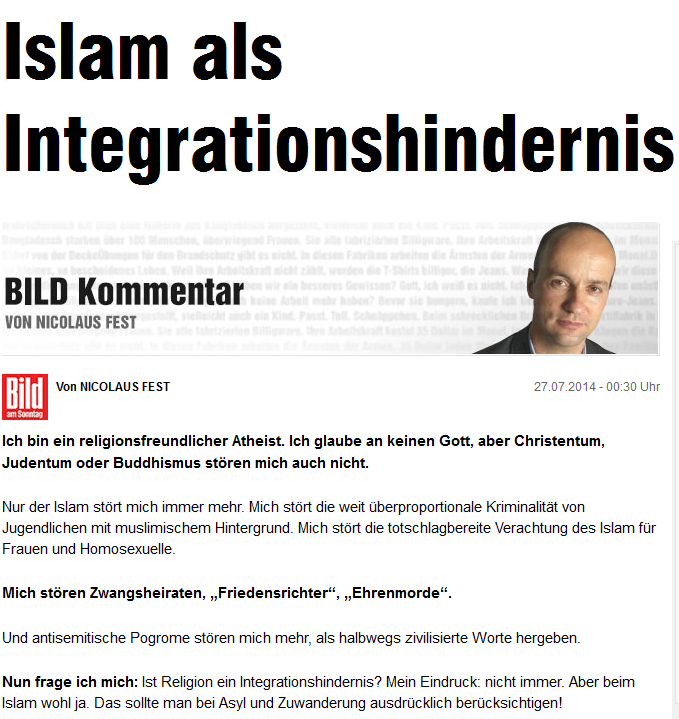 Screenshot von Fests islamfeindlichen Kommentar in der Bild am Sonntag