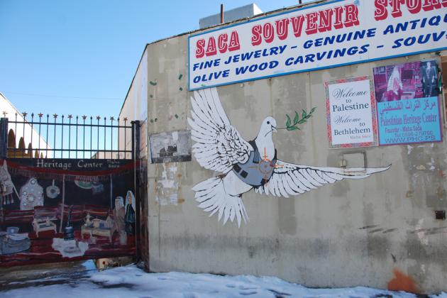 Dove of peace wearing a bullet-proof vest by Banksy, Bethlehem, 2007 (photo: Laura Overmeyer)