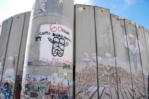 From left: a greeting from the Caritas Baby Hospital, a dove of peace, Jerusalem  without the wall, and the love of God coming down from heaven (photo: Laura Overmeyer)