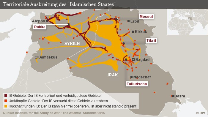 Karte Ausbreitung des IS im Irak und in Syrien; Quelle: DW