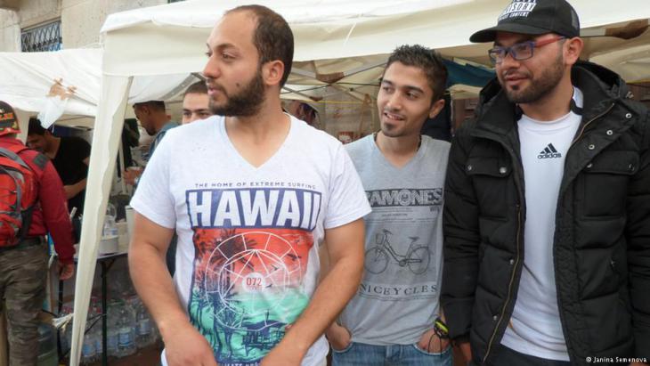 Three Syrian refugees at the protest camp in Dortmund (photo: Janina Semenova)