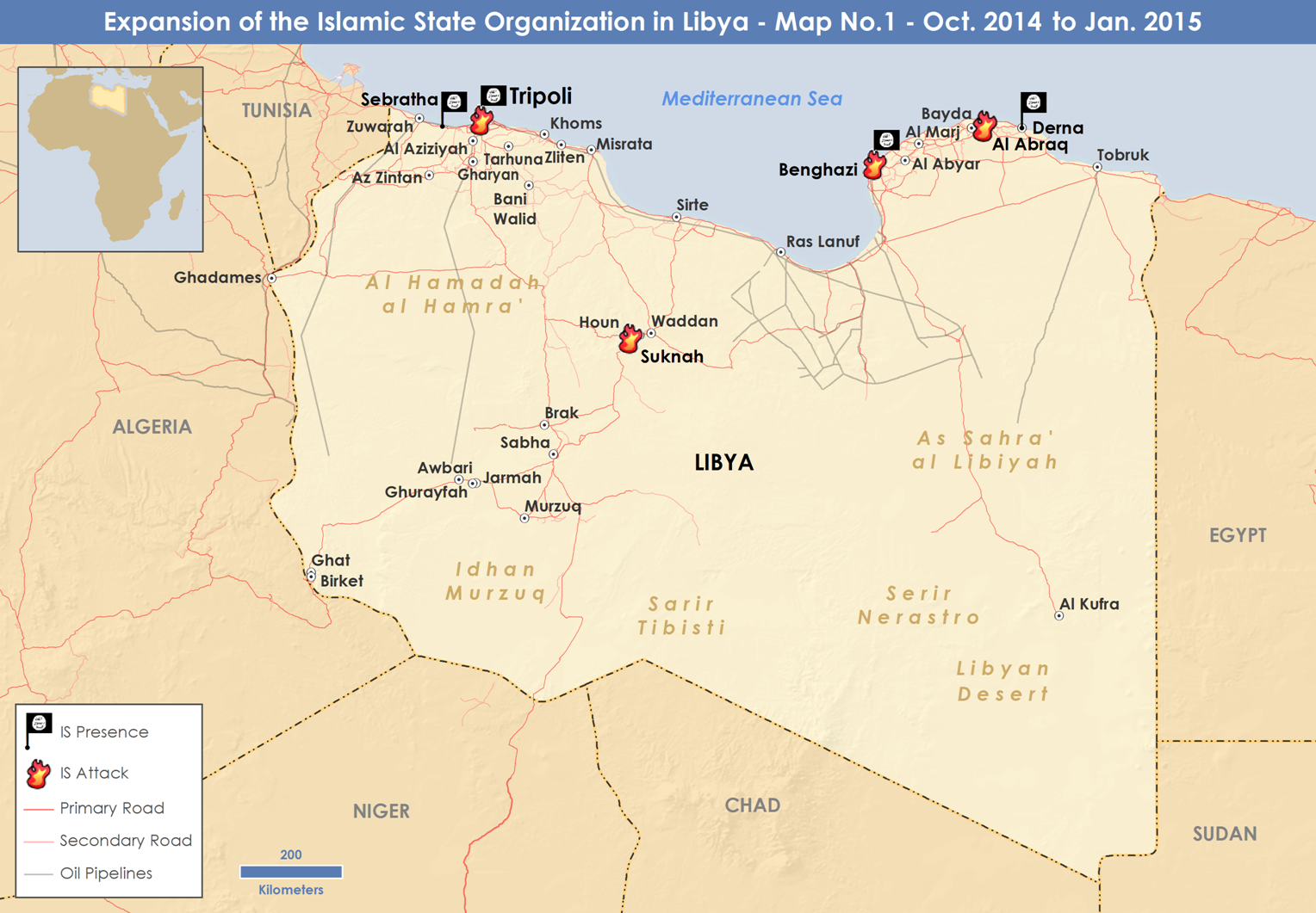 Militärische Operationen des "Islamischen Staates" in Libyen bis Januar 2015; Quelle: privat