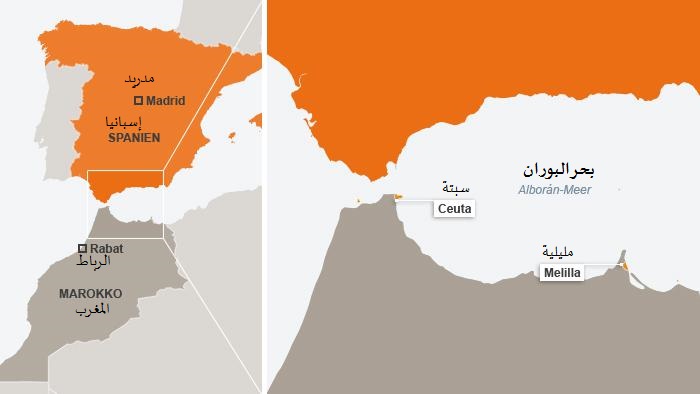 موقع مدينة سبتة ومدينة مليلية بين المغرب وإسبانيا.