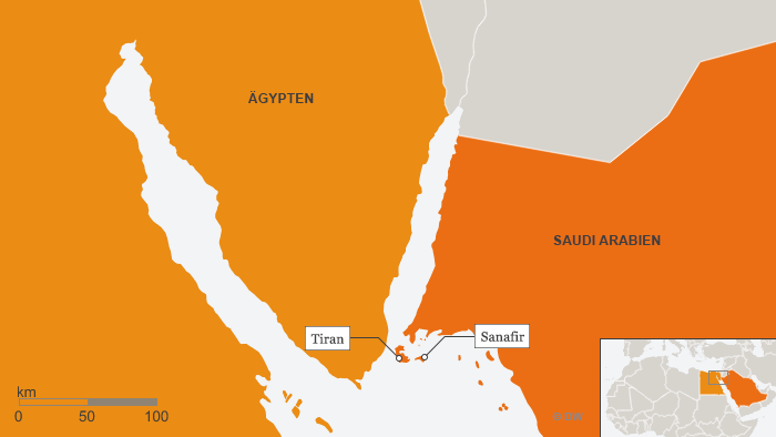 Karte mit den Inseln Tiran und Sanafir im Roten Meer; Quelle: DW