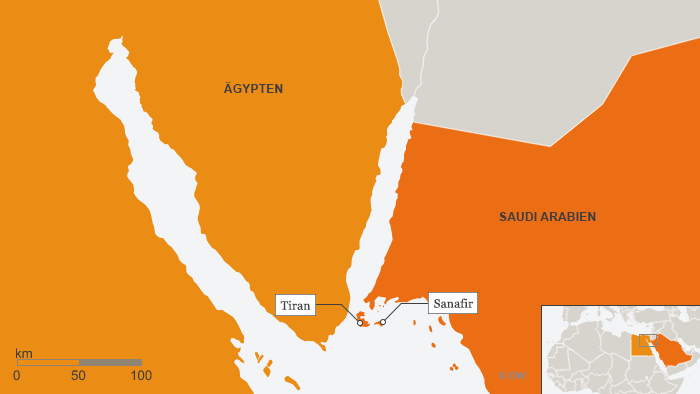 Map showing the islands of Tiran and Sanafir in the Red Sea (source: DW)