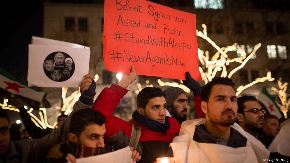 Demonstrators protesting the ongoing siege of Aleppo in Berlin at the beginning of December 2016