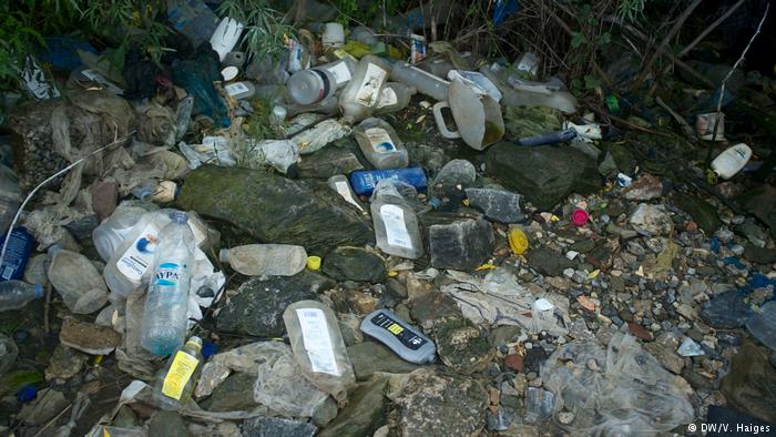 Discarded plastic bottles on the ground outside Moria refugee camp, Lesbos