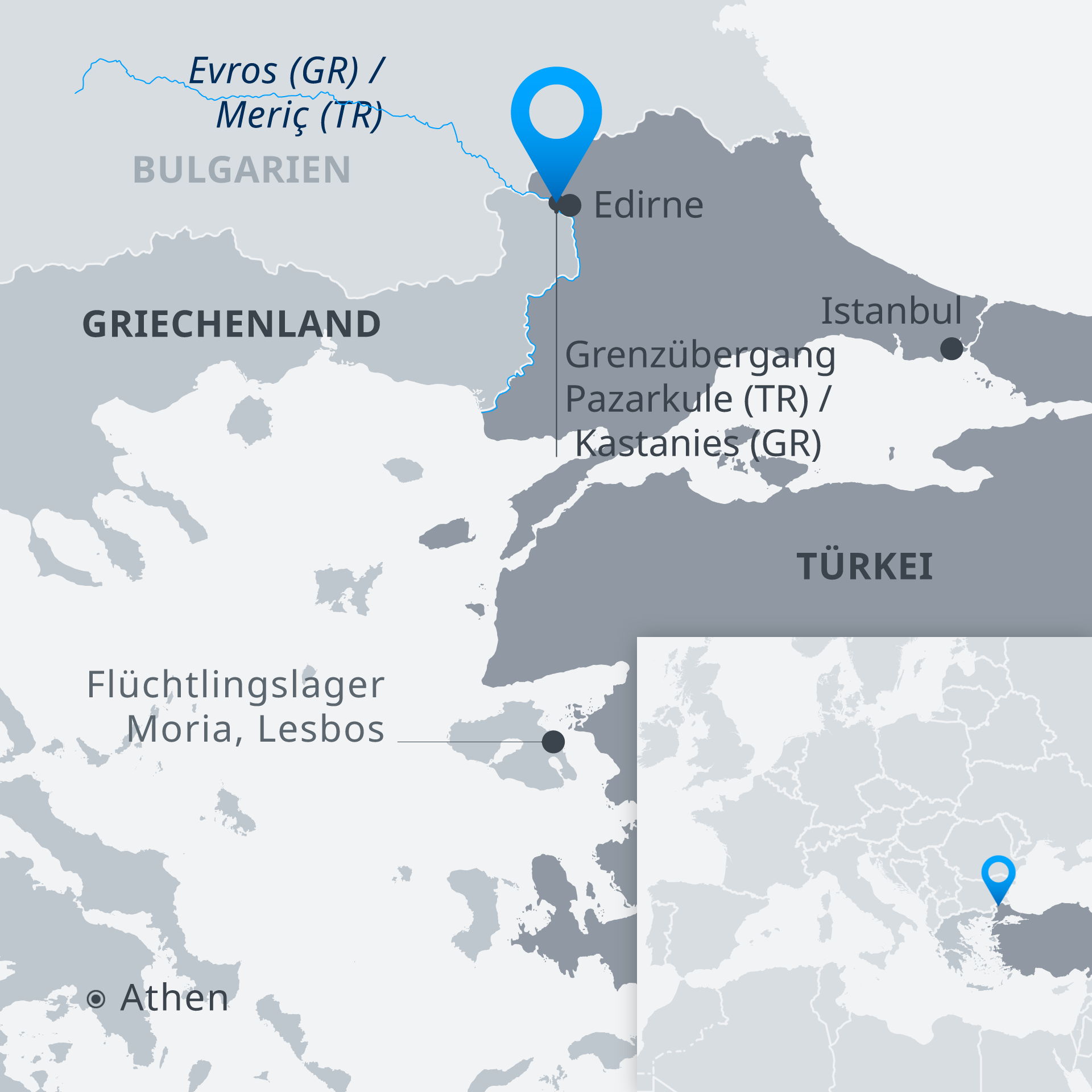 Infografik Flüchtlinge an der griechisch-türkischen Grenze und auf der Ägäis-Insel Lesbos; Quelle: DW