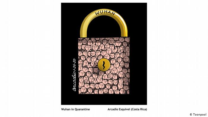 Cartoon that shows a lock with the name Wuhan and many little faces drawn on the lock (Arcadio Esquivel, Costa Rica)