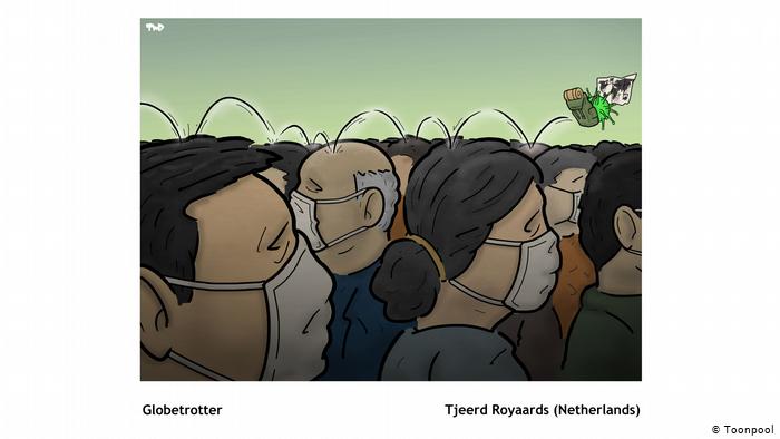 Cartoon of a crowd of heads with face masks, entitled Globetrotter (Tjeerd Royaards, the Netherlands)