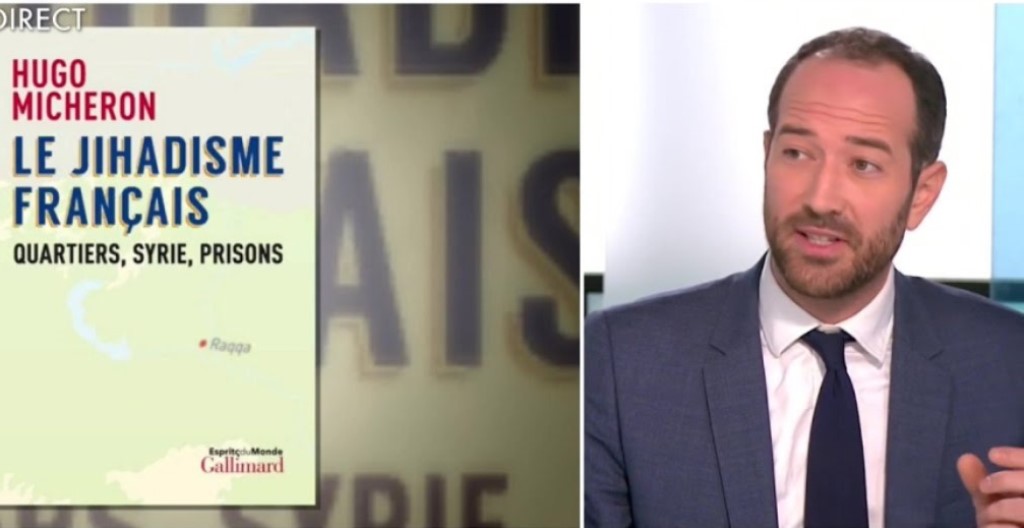 Photo montage: cover of "Le Jihadisme francais. Quartiers, Syrie, Prisons" by Hugo Micheron | Political scientist Hugo Micheron (screenshot: YouTube) 