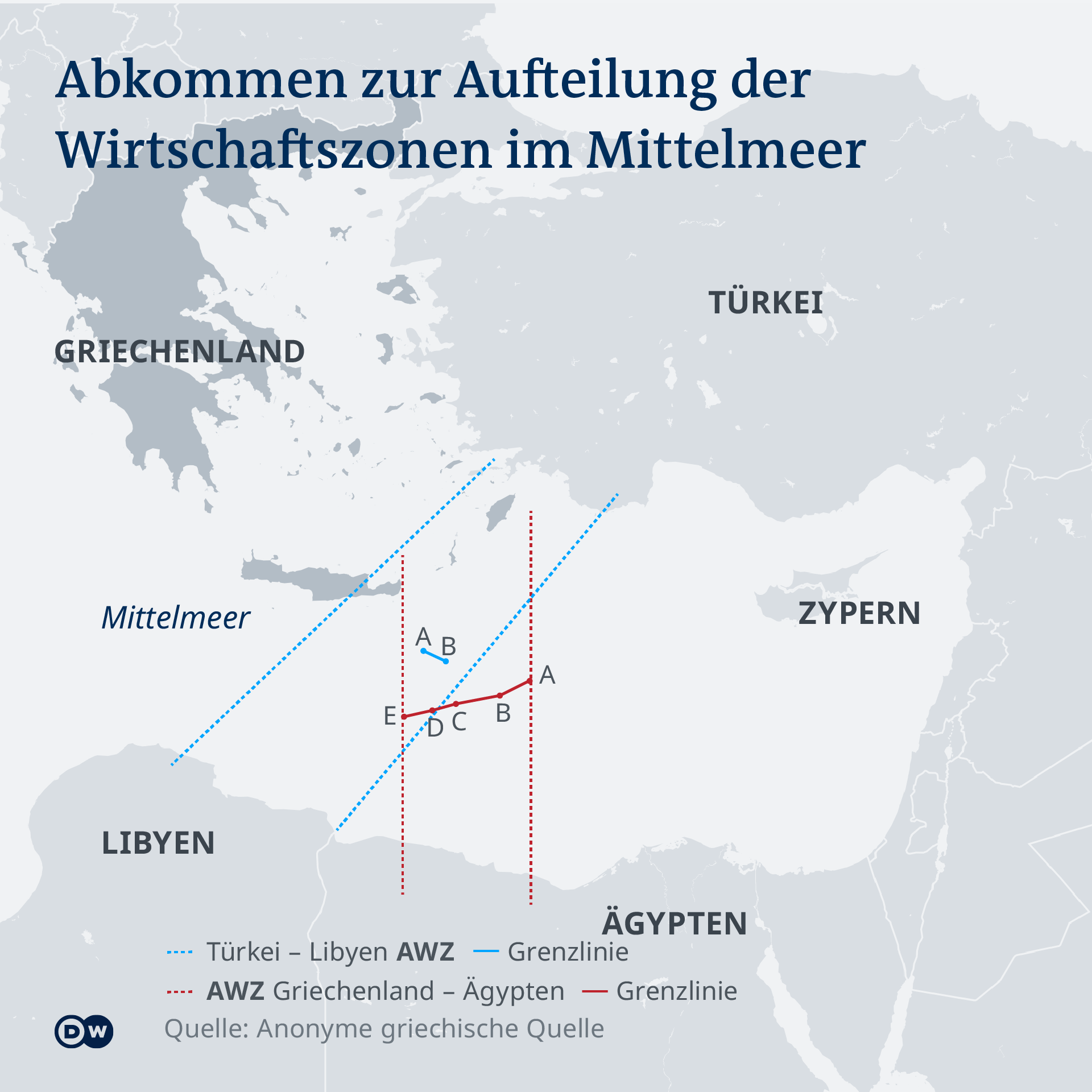 Abkommen zur Aufteilung der Wirtschaftszonen im Mittelmeer; Grafik: dw/anonyme griechische Quelle