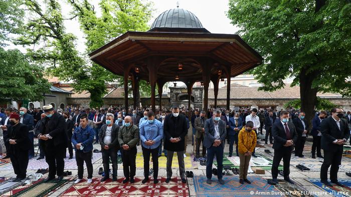 Muslims gather together to pray in Sarajevo, Bosnia & Herzegovina