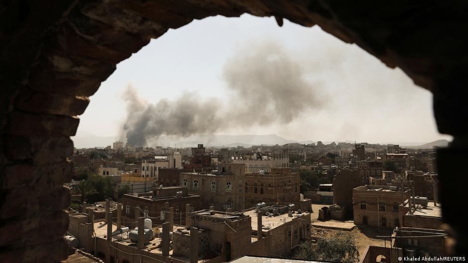 Smoke cloud over Sanaa after an airstrike.