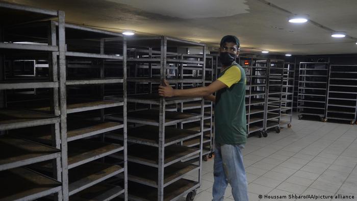 Empty bread trolleys in a bakery in Beirut.