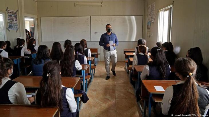 Yazidi schoolgirls in a refugee camp in northern Iraq, November 2021 (photo: Ismael Adnan/AFP/Getty Images)