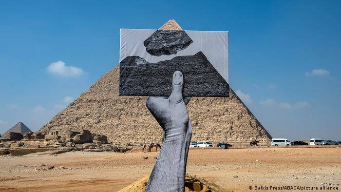 An installation seen facing the pyramids on the Giza plateau, near Cairo, Egypt on 25 October 2021