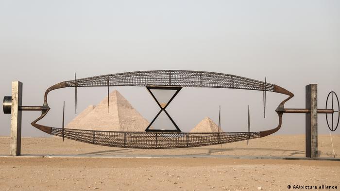 A view of the installation during the "Forever Is Now" exhibition at the Giza Pyramids, in Cairo, Egypt on 23 October 2021