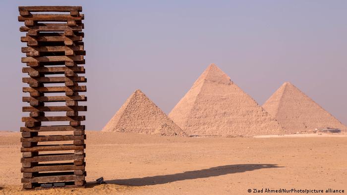 An installation on display at the Great Pyramids of Egypt on 25 October 2021