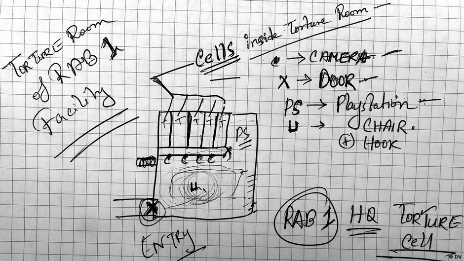 Detaillierte Skizze des Gefängnisraums, in dem Alam nach eigenen Angaben gefoltert wurde; Foto: DW