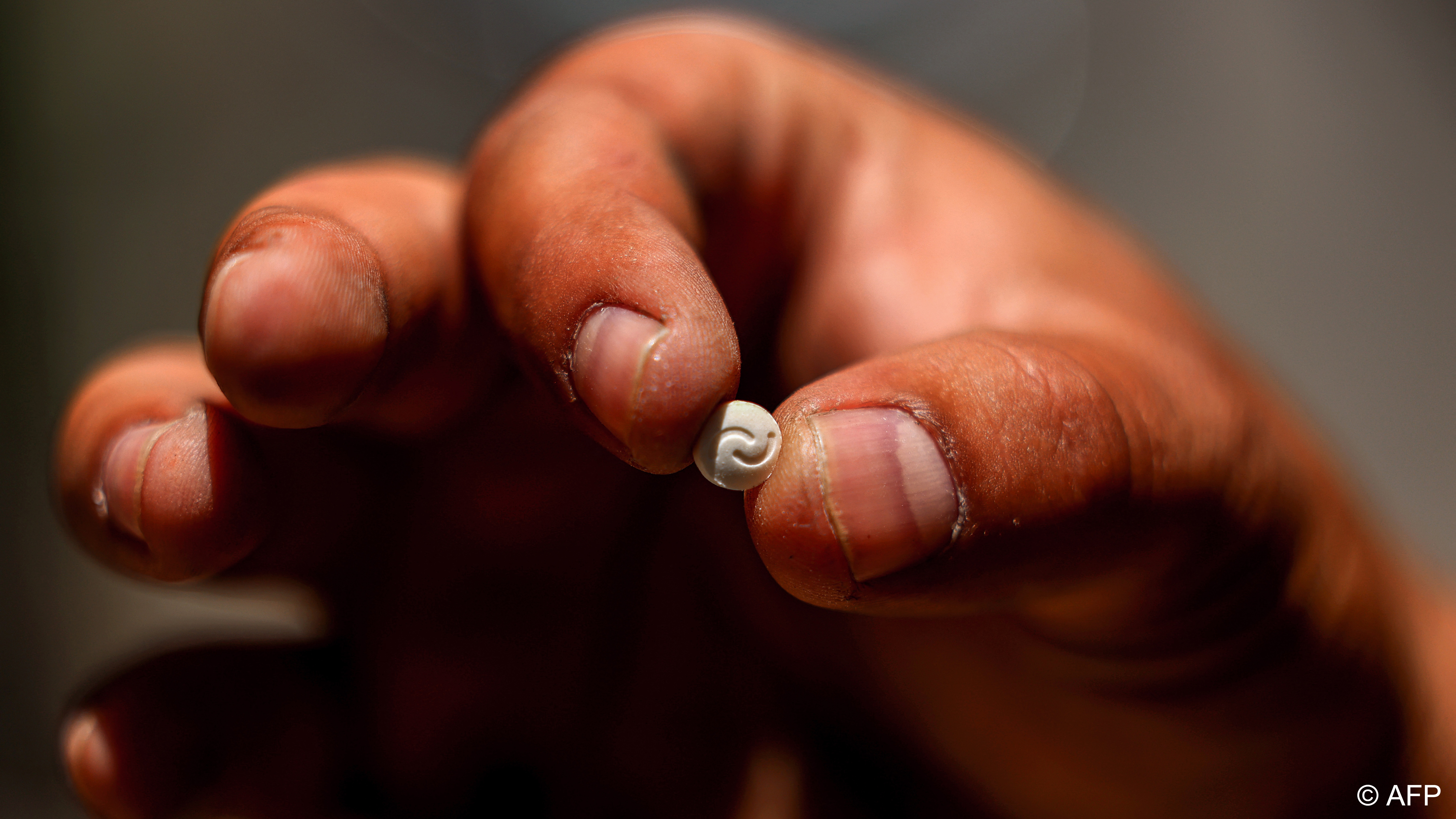 A captagon pill with its distinctive two crescent moons logo (image: JOSEPH EID AFP)