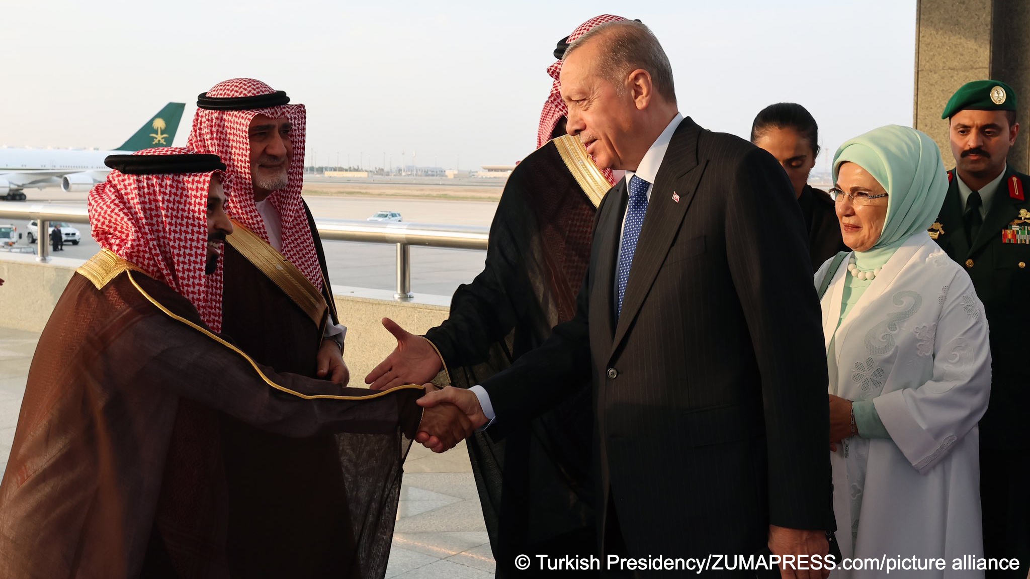 Turkey’s President Recep Tayyip Erdogan arrives in Jeddah on 17 July 2023 (image: Turkish  Presidency/APA Images via ZUMA Press Wire)