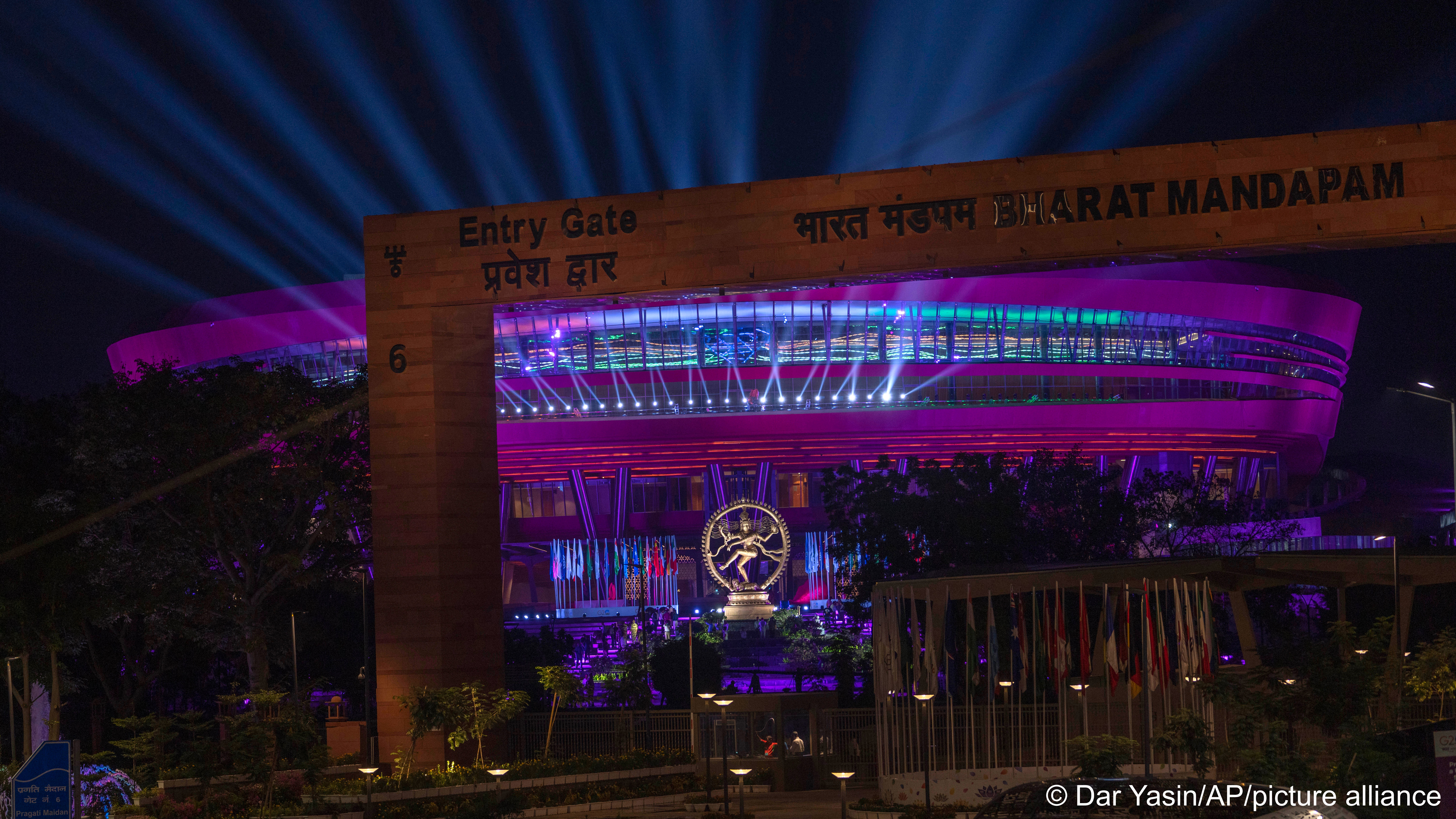 The gate at the main venue for the G20 summit reads "Bharat Mandapam" or "Bharat Pavillion" in New Delhi, India, 7 September 2022 (image: AP Photo/Dar Yasin)