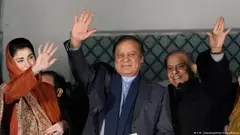 Maryam Nawaz, Nawaz Sharif and Shehbaz Sharif wave to supporters following the Pakistan general election