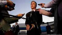 U.S. Secretary of State Antony Blinken speaks to media representatives in Cairo